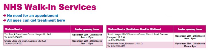 _OneLiverpool's tweet image. We have 2 walk-in-centres in #Liverpool which are open until 10pm tonight #Easter #ExamineYourOptions