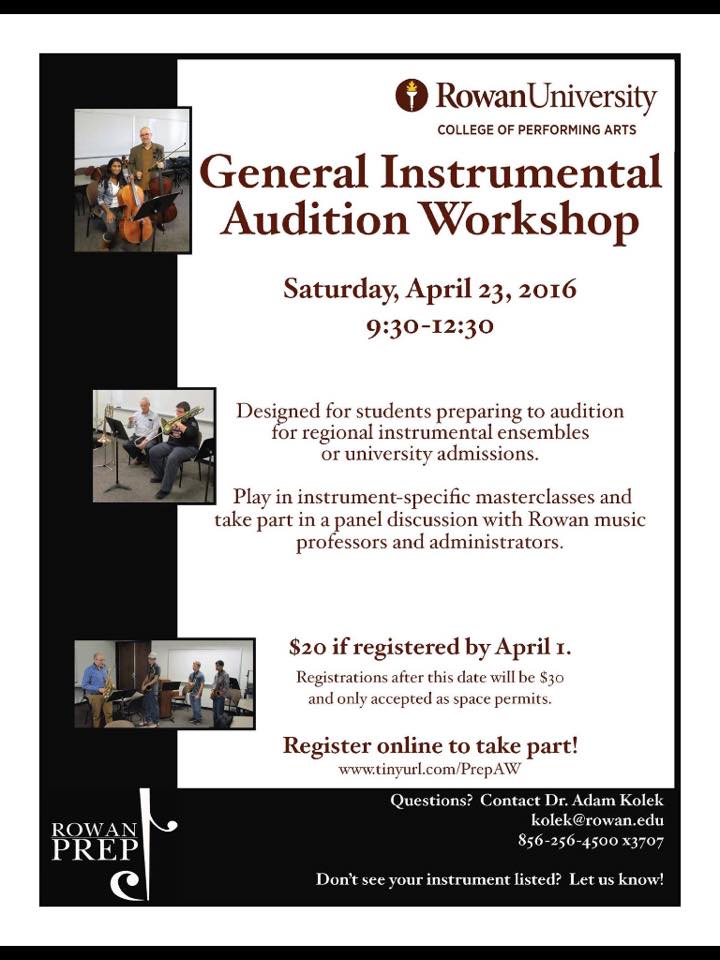 Check out our instrumental audition workshop on 4/23 designed to help students w/ regional and university auditions!