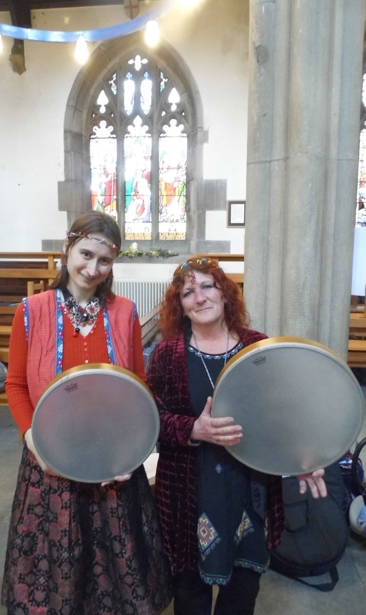TodFrameDrum's tweet photo. Oxana and Sandi of #Incidentals by the stunning stained glass windows of #Heptonstall church before #framedrumming https://t.co/TcXqvgwcE0