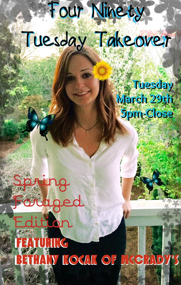 492King's tweet photo. TOMORROW! Four Ninety-Tuesday Bar Takeover: Spring Foraged Edition. 5pm-close: https://t.co/dymWSrmNiV #CHS #CHSeats https://t.co/fvc2oa7hCj