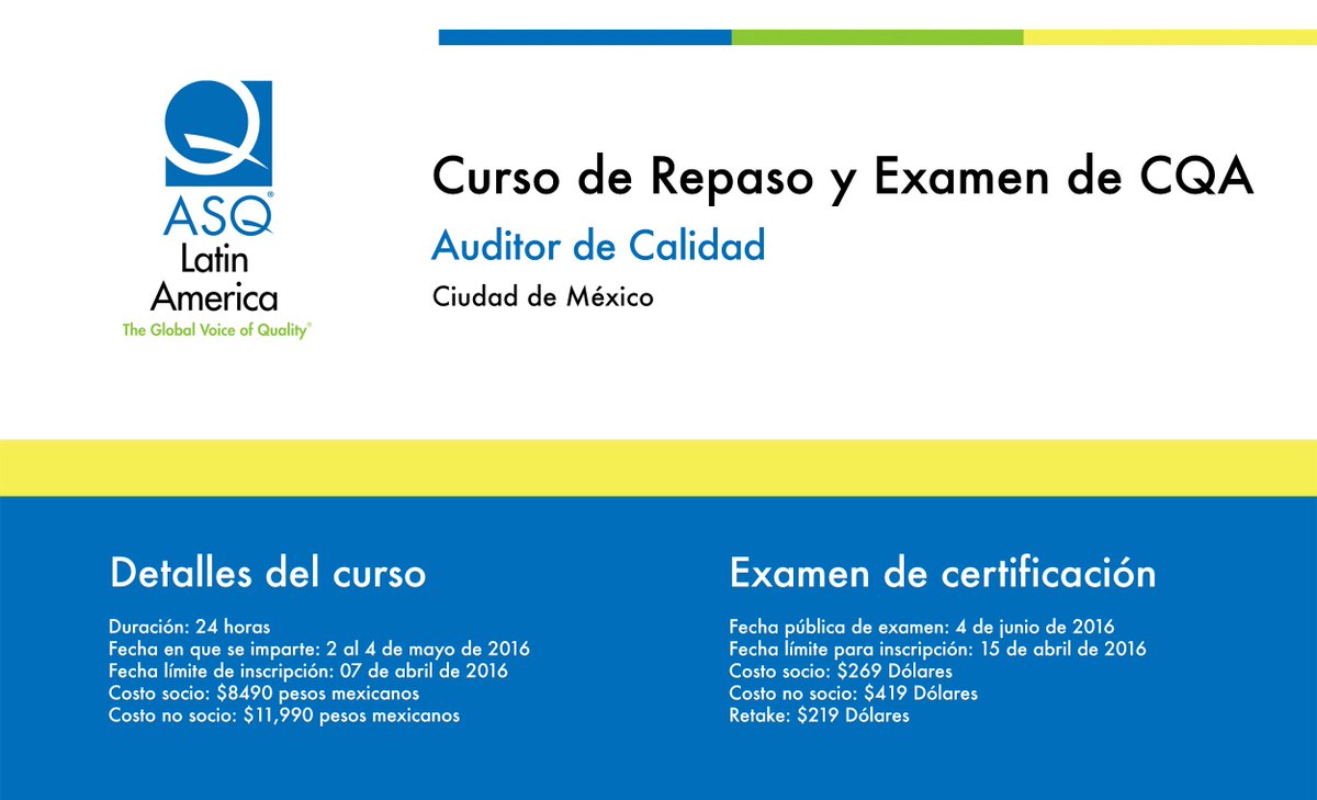 ASQLatam's tweet photo. Recuerda nuestras próximas fechas de Curso y Examen para Auditor de Calidad
#ASQCertifications https://t.co/7zvlg5Vt2v