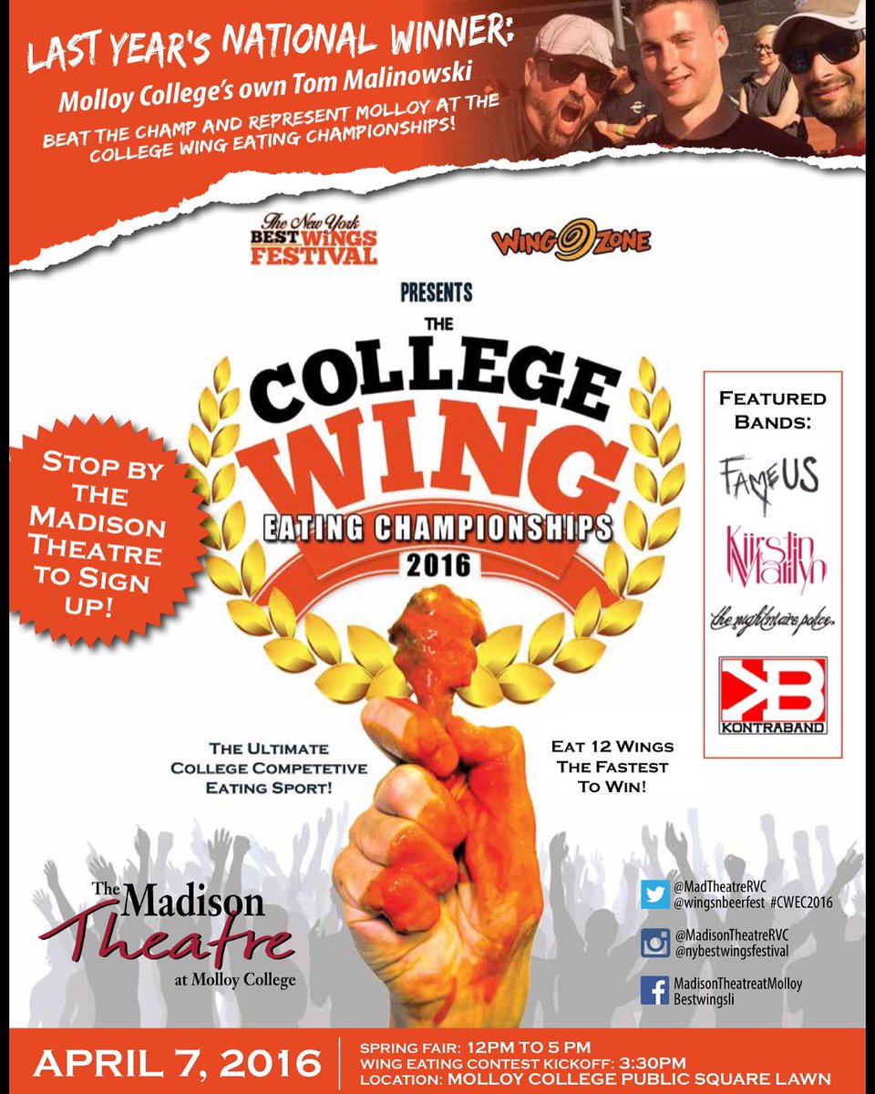 WingsNBeerFest's tweet image. It's the return of the College Wing Eating Championships brought to you by @WingZone ! Round 1 @MadTheatreRVC 4/7 !