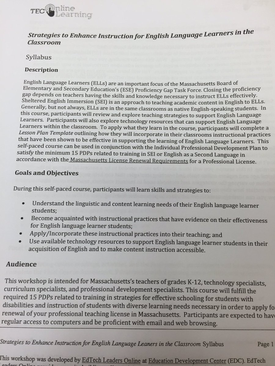 MillisPDCom's tweet photo. Attn: Professional Licensed Millis Teachers - through TEC, two free 15 PDP self-paced online courses in SpEd &amp; ELL https://t.co/81PqqqRQYL