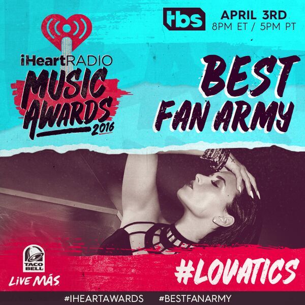 DemiFantasia's tweet photo. Keep voting for @ddlovato for @iHeartRadio on Best Fan Army! #Lovatics #BestFanArmy #iHeartAwards https://t.co/FAvDJx7Qr4