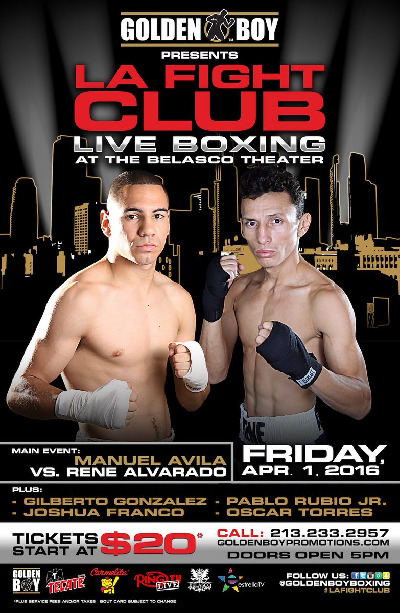 GoldenBoyBoxing's tweet photo. #FightWeek! We're back at it again @ the Belasco #LAFightClub @92tino_ vs. Rene Alvarado 🎟: https://t.co/ZQwboyvEJz https://t.co/GZhfEZitPf