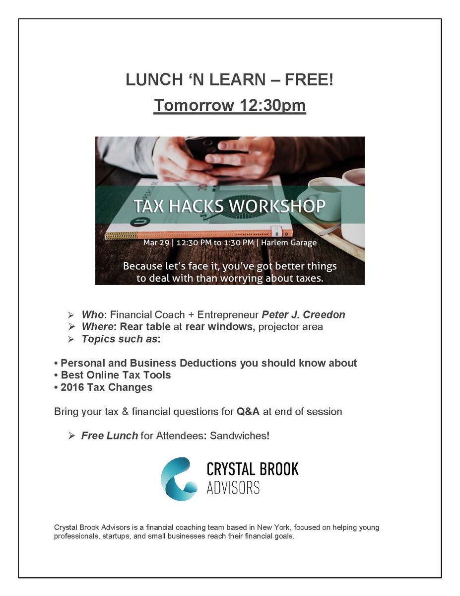 HarlemGarage's tweet photo. #Lunch 'n Learn TOMORROW @HarlemGarage for pass holders ($15). #Tax, Financial #Advice, Sandwiches!  12:30PM https://t.co/GZYATW4Mpv