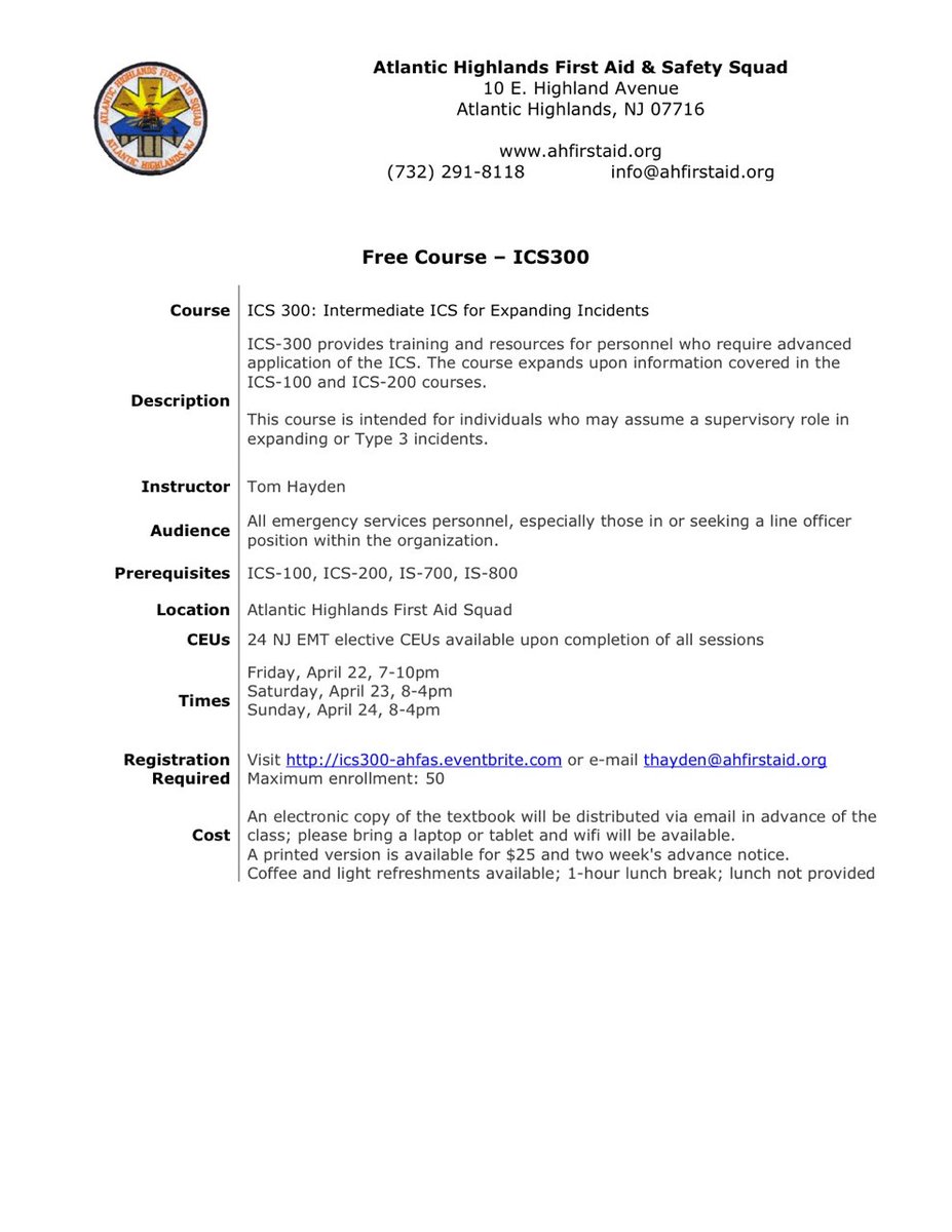 ahfirstaid's tweet image. The AHFAS will host a free #ICS300 class on April 22-24.
Info below. Register here: bit.ly/21PLGHs