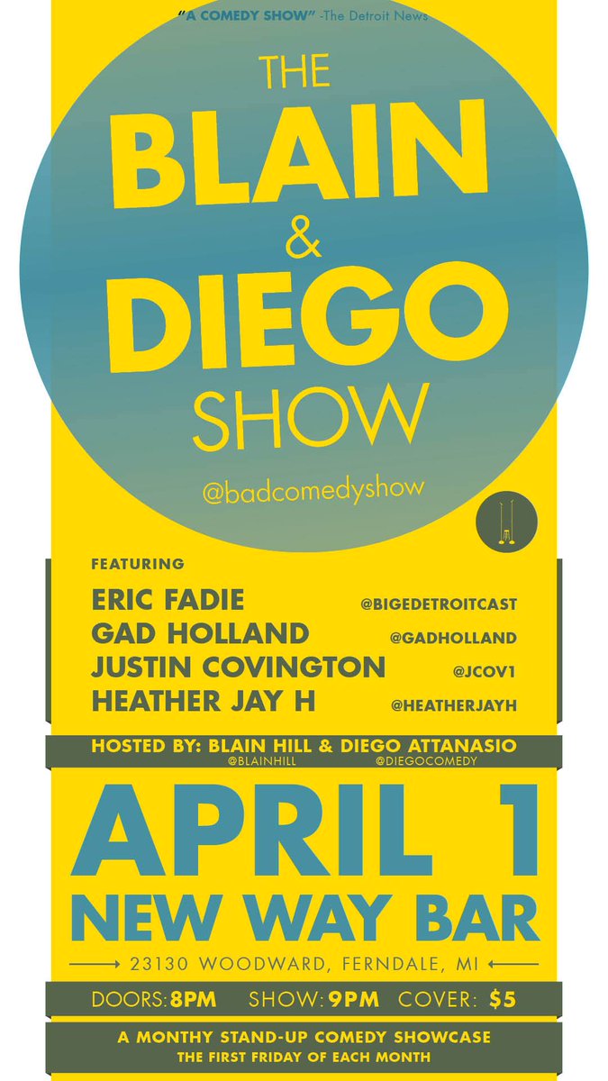 BADComedyShow's tweet photo. FRIDAY! @newwayferndale w/ @bigedetroitcast, @GadHolland, @JCov1, &amp; @heatherjayh. Come thru! https://t.co/KnQvzsP4j8