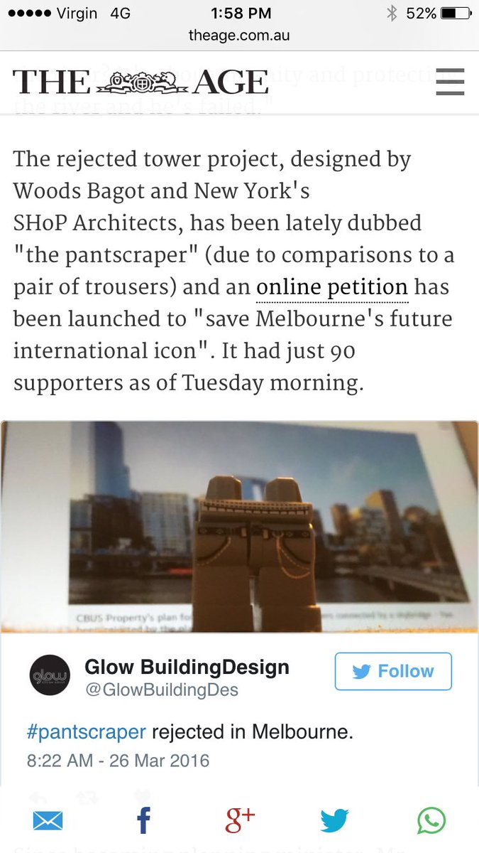 GlowBuildingDes's tweet photo. Nearly choked on lunch when I noticed Lego #pantscraper I rigged up iPhone photo as a backdrop in an article the Age https://t.co/KBqkqycd96