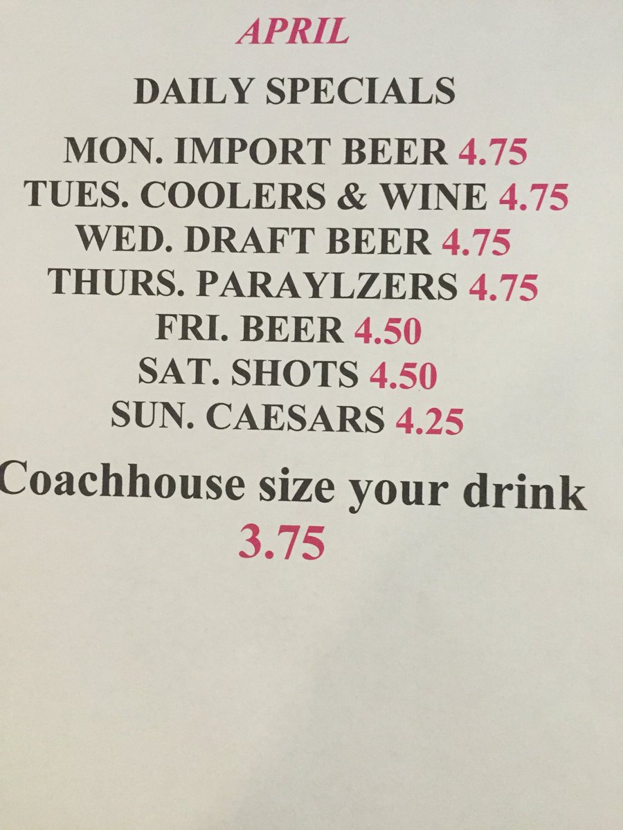 EstonCoachHouse's tweet photo. Stop on in at the Coach House and enjoy a daily special. All specials run from opening to closing https://t.co/laaiuHsLuN