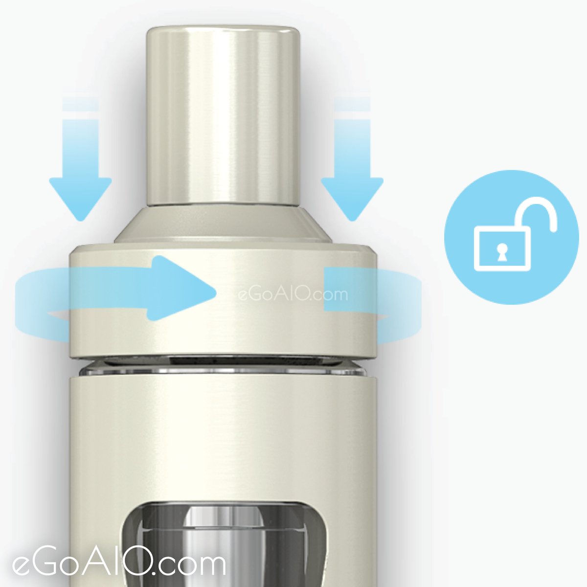 eGoAIO's tweet photo. The eGo AIO is equipped with a child lock so that one should press the cap to screw or unscrew the atomizer cap. https://t.co/fJxxhsxcZm