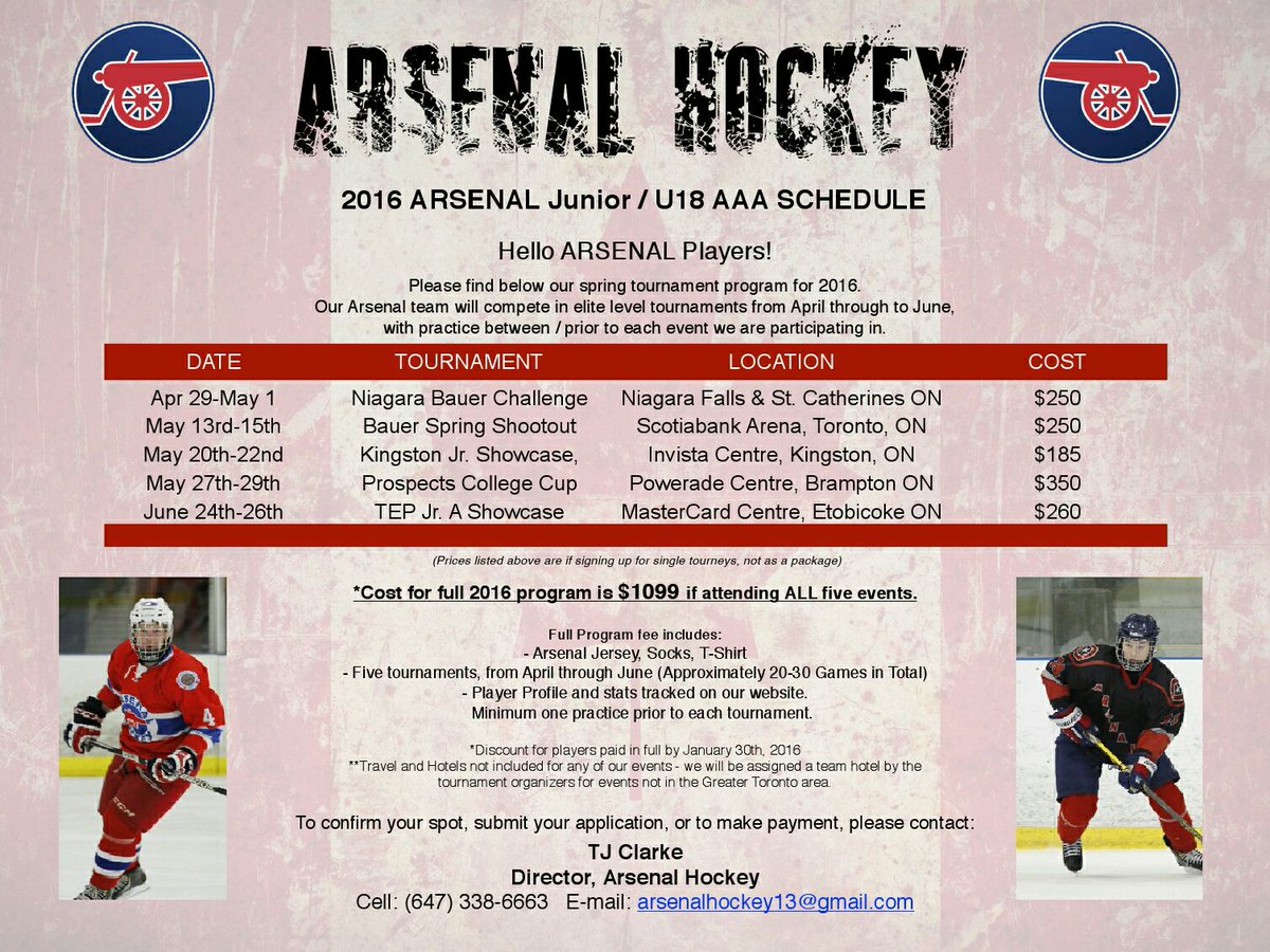 Still spots available on #BramptonJrArsenal team May 27-29
<a href="/arsenalhockey13/">Arsenal Hockey Development</a>