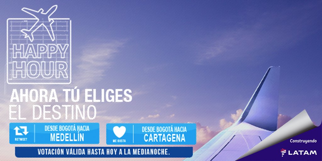 LATAM_CO's tweet photo. ¡Si no viajaste en Semana Santa, hazlo con el #HappyHourLAN! Dale Me Gusta para #Cartagena o RT para #Medellín https://t.co/9EGDfe3JFv