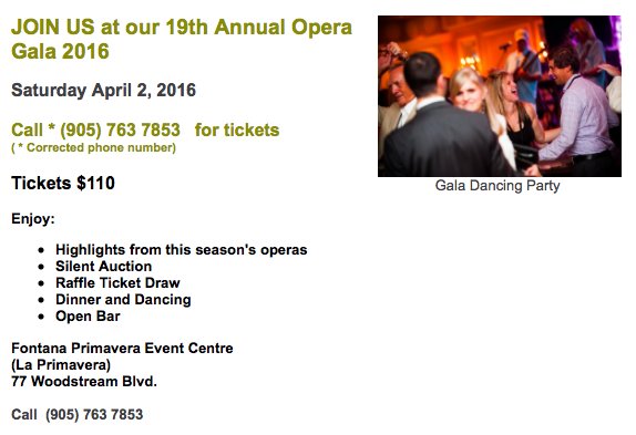 OperaYork_Ont's tweet image. Enjoy our Gala Dancing Party at upcoming #OperaYorkGala- Sat. April 2, 2016
Reception starts at 6pm, dinner at 7pm