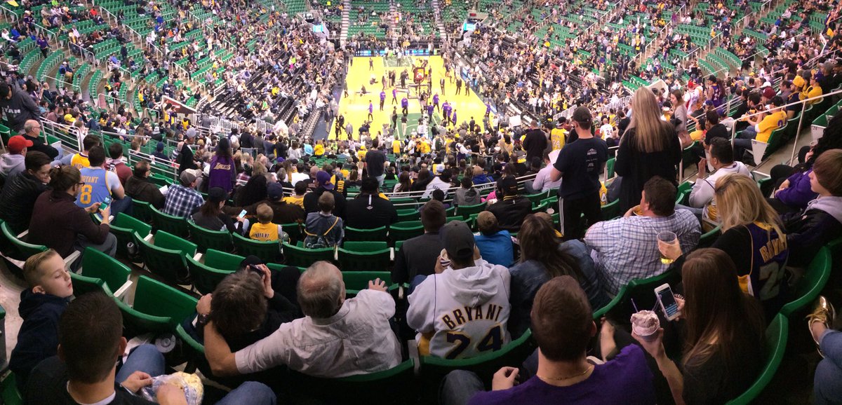 TheCanasian's tweet photo. Nearly game time! In our section, only five people in @utahjazz gear. Purple &amp; gold everywhere! @Lakers #lalatuta https://t.co/rZM5GZOk5G