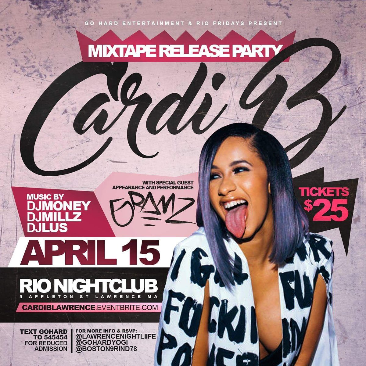 ElGuate2525's tweet photo. @iamcardib #mixtape release party#APRIL15 at #RioNightClub in #lawrencema #GuateEnt #gohardent #9rind78 https://t.co/jcNg87GxAI