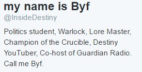 MyNameIsByf's tweet image. My Bio vs that of @Outside_Destiny 

:P