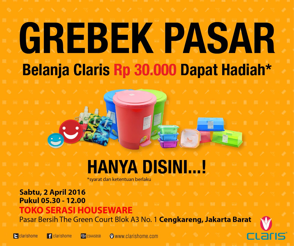 Dapatkan banyak hadiah dengan belanja produk Claris senilai 30ribu. Ayo ikutan Claris Grebek Pasar di Toko Serasi
