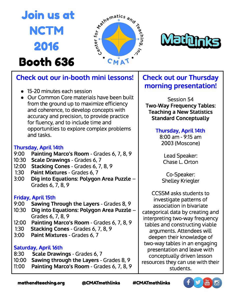 CMATmathlinks's tweet photo. Are you attending #nctmannual? We are! Can't wait to meet you at one of our activities. #nctm #mtbos #CMATmathlinks https://t.co/mOdU8IJUlu
