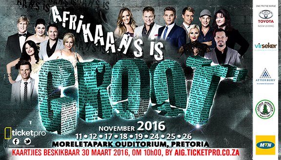 AfrIsGroot's tweet photo. SLEGS 24 UUR OOR VOORDAT KAARTJIES VIR AFRIKAANS IS GROOT 2016 OOPMAAK: More 30 Mrt 10:00 by https://t.co/Y3PCwC1WgQ https://t.co/VleGV2JWXO