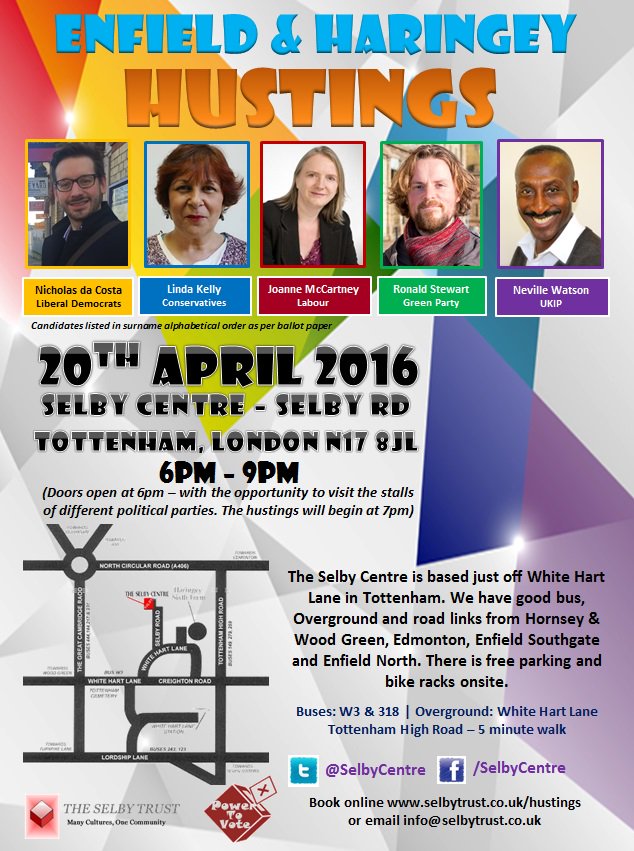 GLA Haringey Hustings | 20th April | Selby Centre | Book here: selbytrust.co.uk/hustings