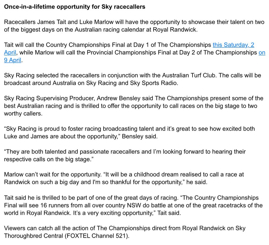 Proud to announce James Tait will call this Saturday's Country Championship Final and Luke Marlow Provincial Final.