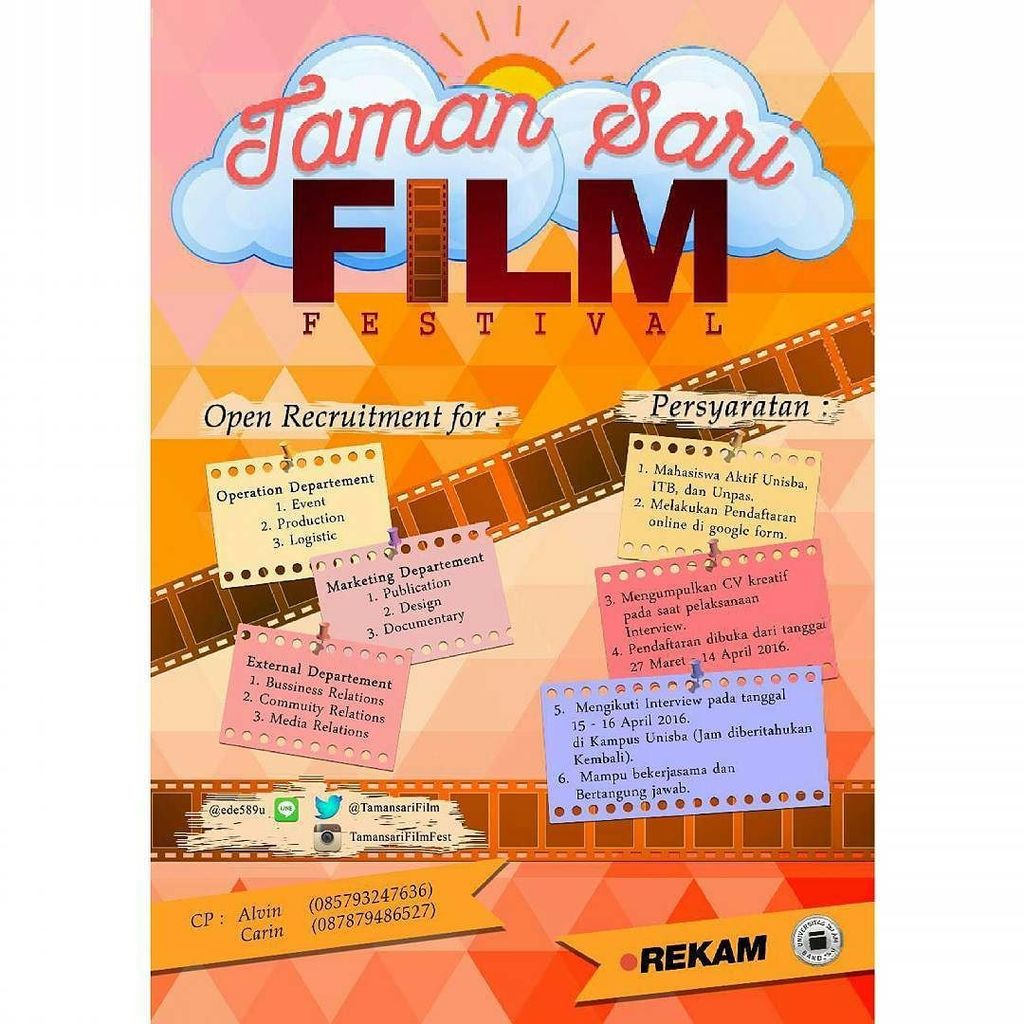 ATTENTION🔊🔊🔊 Rekam Unisba in association with Kominfo BEM Unisba proudly presents

TAMANSARI FILM FESTIVAL 2016

An…