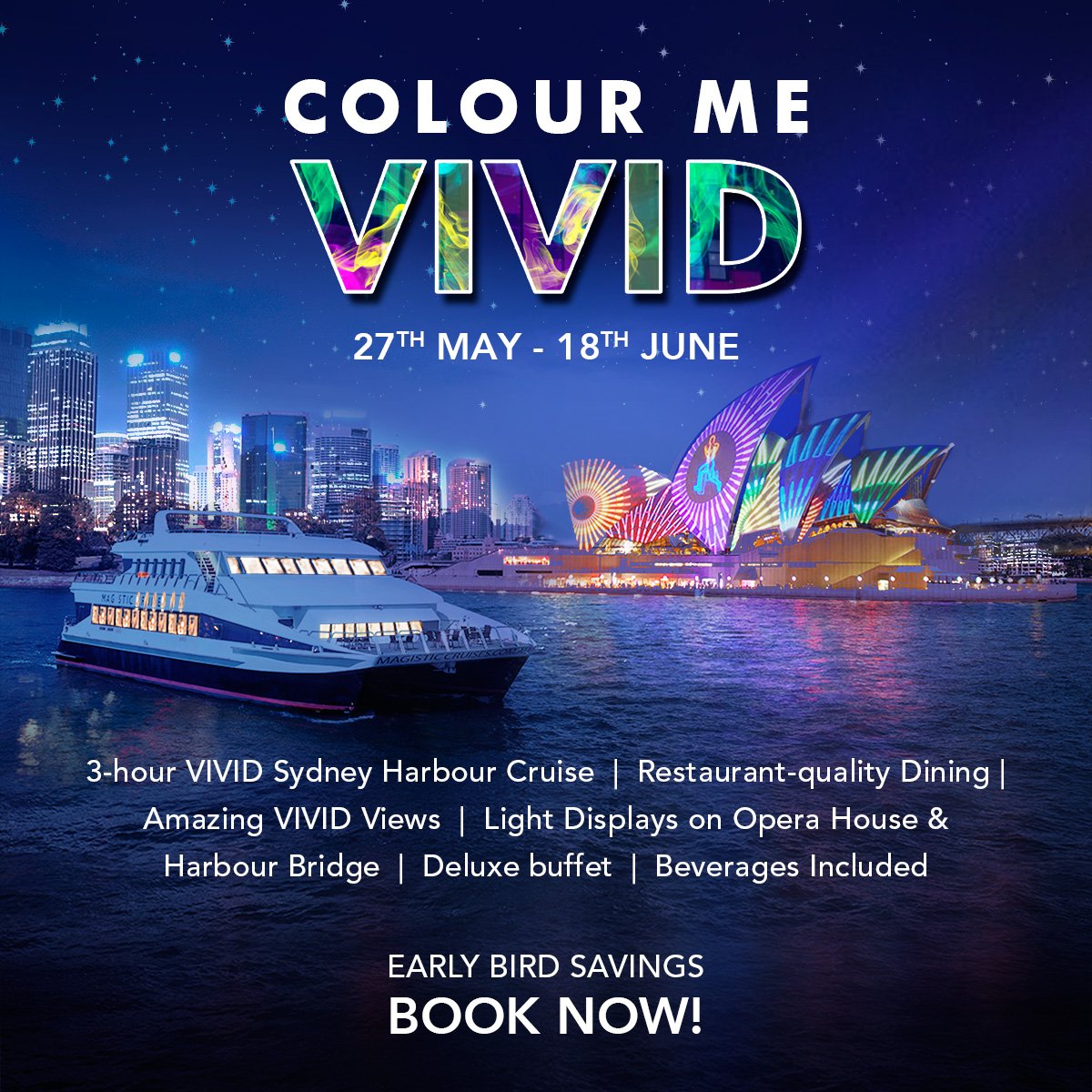 MagisticCruises's tweet photo. Discover the brilliance of #VividSydney's luminous creativity from the Magistic. Book @ https://t.co/lPOoBWAfBL https://t.co/85doHY3m8I