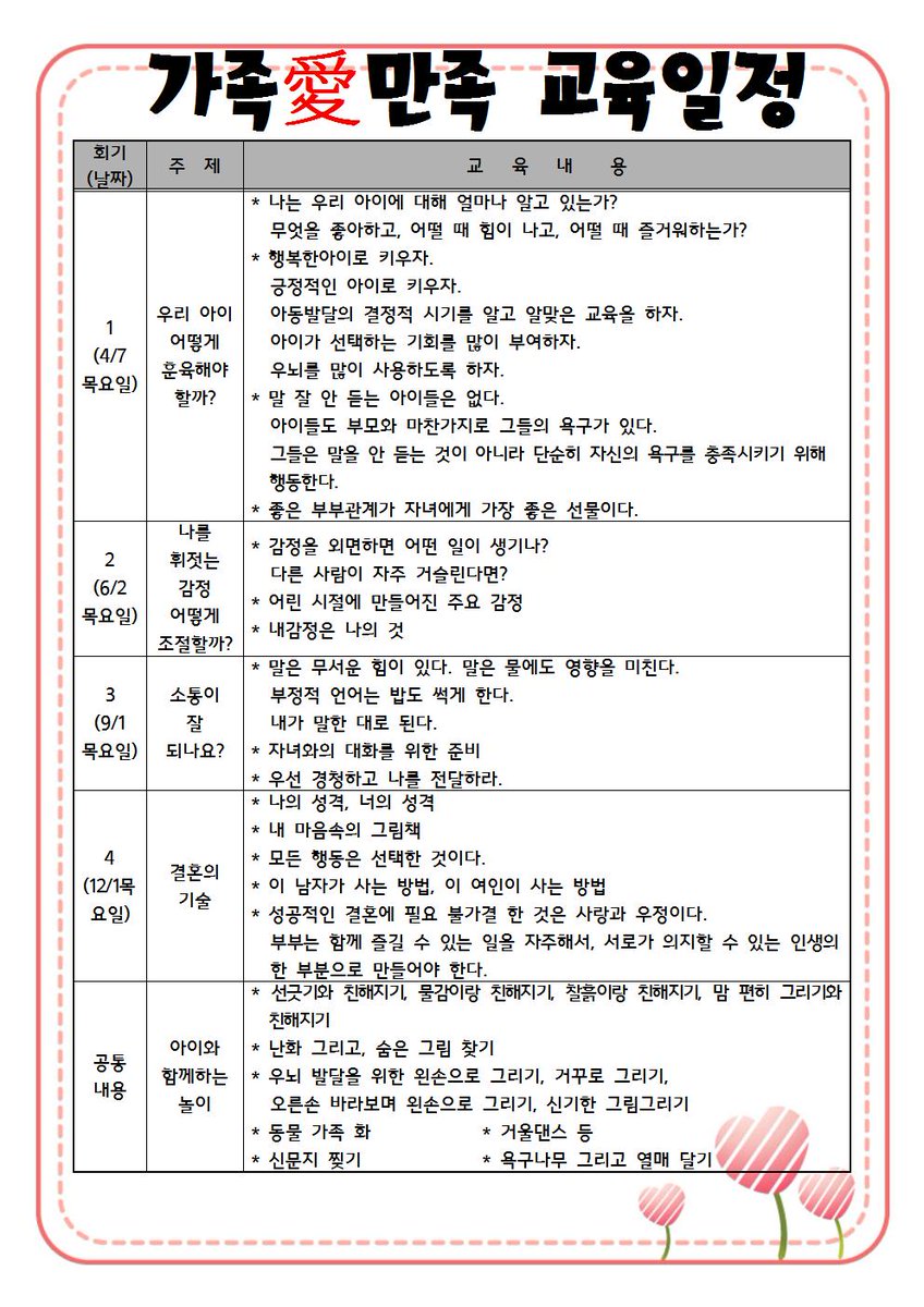 #성남시 #양지동제2복지회관 에서 가족愛만족을 진행합니다.
총 4회기로 진행되며 아이의 훈육방법, 부모의 감정조절, 아이와소통방법, 
부부간의 관계에 대해 강의가 진행되니 많은 관심과 참여 부탁드립니다!^0^