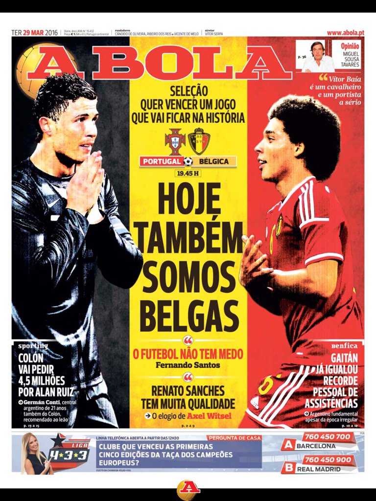 RoBeenkens's tweet photo. "Aujourd'hui, nous sommes aussi belges", la une noire-jaune-rouge de A Bola ce matin. #porbel https://t.co/aScVzbaFRG