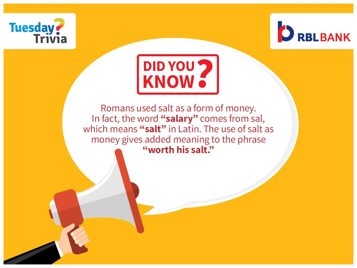 rblbank's tweet photo. #TuesdayTrivia➟#DidYouKnow The word #Salary stems from Latin word #salarium, meaning #SaltMoney,the #Romans paid to. https://t.co/cy21Fe1w1C