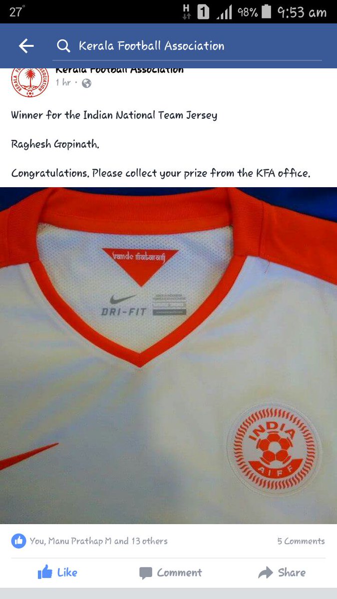 manjappada's tweet photo. Congrats @RageshGopinatha for winning the Indian National Team Jersey from Kerala Football Association @keralafa ! https://t.co/v2y1MzPSdp