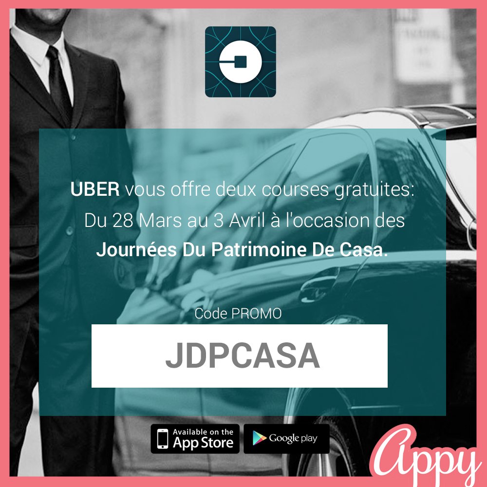 hello_appy's tweet photo. A l'occasion des Journées du patrimoine de @Casamemoire, @Uber_Morocco lance un code promo pour 2 courses gratuites. https://t.co/IChTOSlsbx