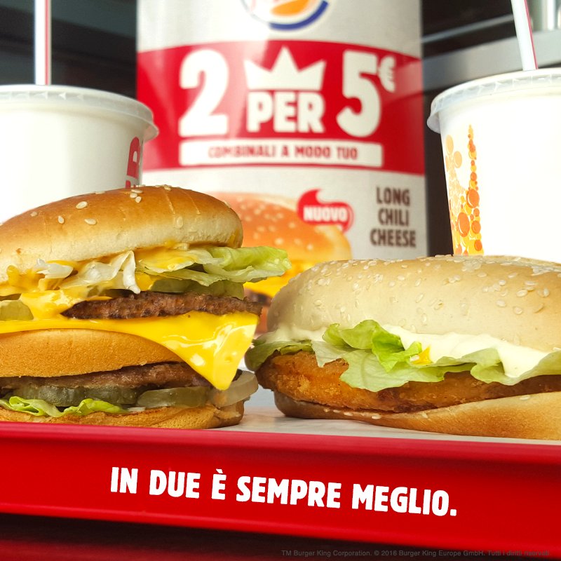Chicken Royale, Big King, Long Chili Cheese, King Rib BBQ: ne scegli due, li paghi solo 5 €. #BurgerKingItalia
