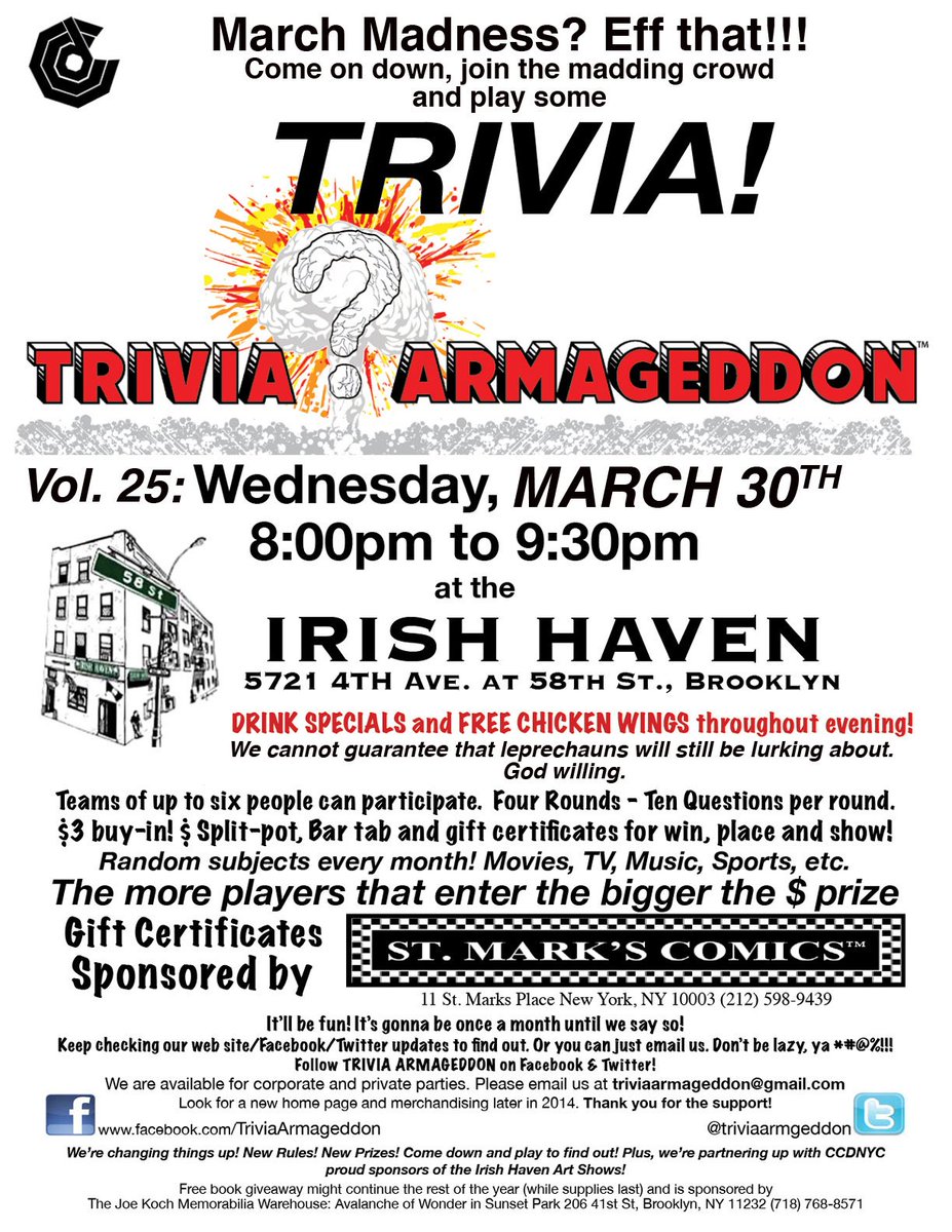 BklynComicsMore's tweet photo. @triviaarmgeddon returns @Irish_Haven 3/30/16 @ 8pm in Sunset Park Bklyn see pic for details #TriviaTuesday #trivia https://t.co/pzicSJqSuZ
