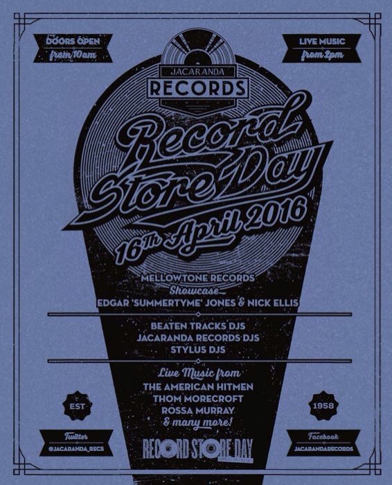 MellowtoneRecs's tweet photo. Join us @jacaranda_recs for #rsd16. Live sets from @edgarsummertyme &amp; Nick Ellis 3.30-5pm + @BeatenTracks1 DJs 16.04 https://t.co/Y90Mu3CcUI