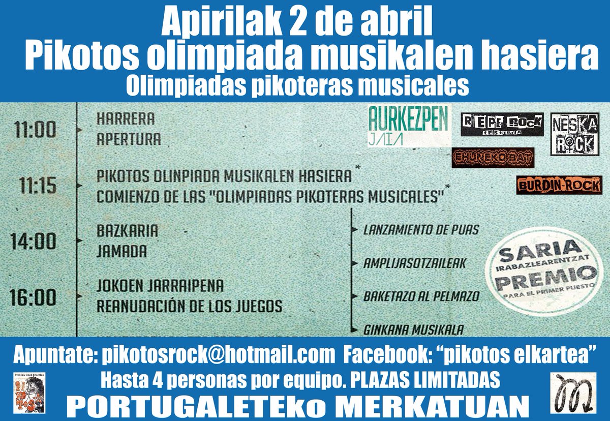 RepeRockFest's tweet photo. OLIMPIADAS PIKOTERAS MUSICALES y fiesta el 2 de abril en el @PortukoMerkatua !! apuntate en: pikotosrock@hotmail.com https://t.co/sJhvpUuoHR