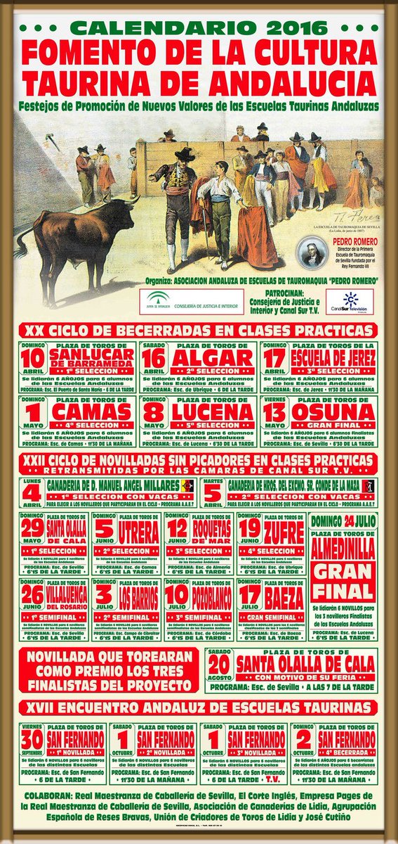 tpt_tv's tweet photo. Calendario de las #NovilladasCanalSur para 2016. Este año los festejos serán en domingo.¡El 29 de mayo comenzamos! https://t.co/vN2NkTp0nQ