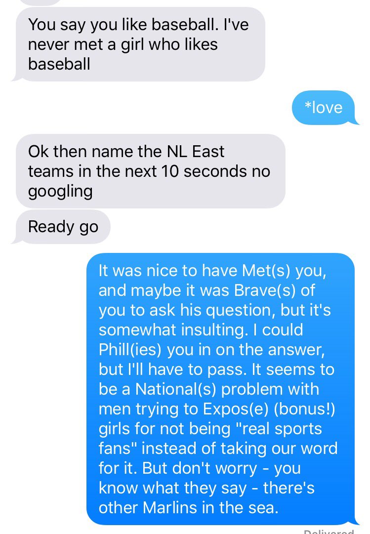 thatgirlondeck's tweet image. it's so insulting when dudes try to quiz me about sports soooo i had a little pun fun ⚾️❤️