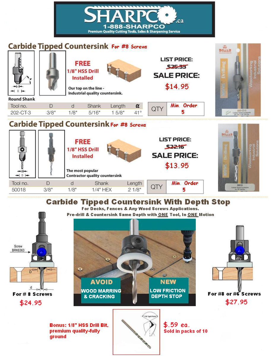 sharpcotools's tweet photo. Spring Specials! #routerbits #melamineblades #countersinks #collets #depthstop https://t.co/iGvuliMdbl