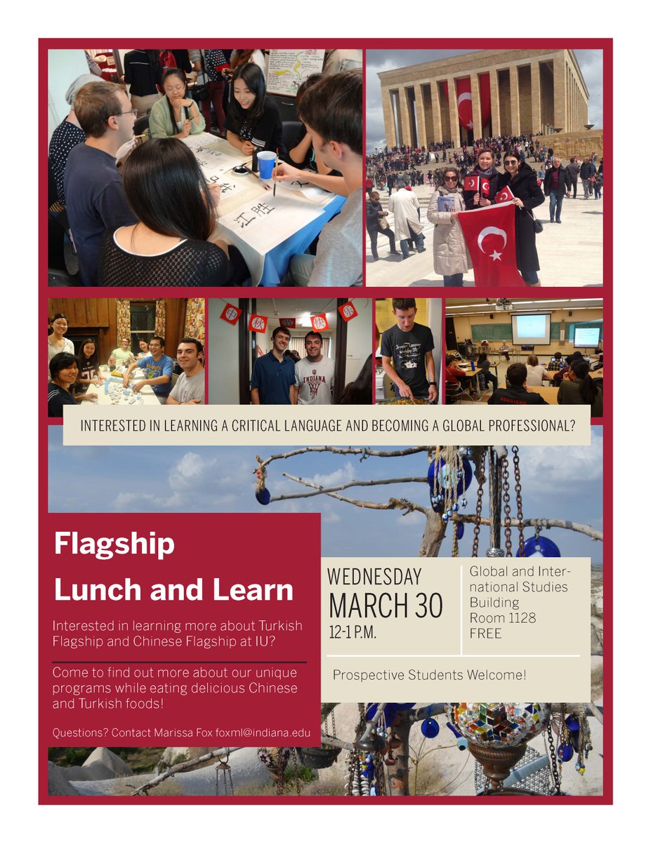 IU Chinese Flagship (@chineseflagship) on Twitter photo Tomorrow: learn about Flagship (Chinese, Arabic, Turkish) and eat lunch with us <a href="/TurkishFlagship/">Turkish Flagship Center</a> @IUSGIS <a href="/NELC_at_IU/">Department of NELC</a> Tomorrow: learn about Flagship (Chinese, Arabic, Turkish) and eat lunch with us <a href="/TurkishFlagship/">Turkish Flagship Center</a> @IUSGIS <a href="/NELC_at_IU/">Department of NELC</a>