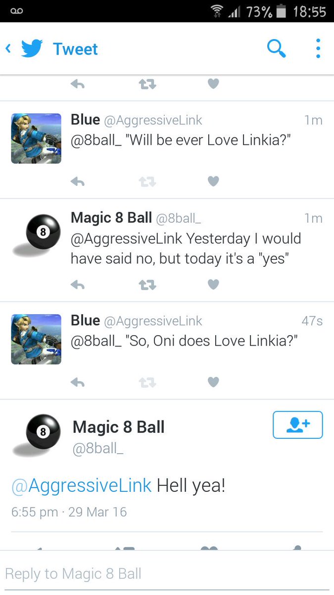 AggressiveLink's tweet image. "Oh hell yeah! The 8 Ball doesn't lie. Oni Loves Linkia.~"