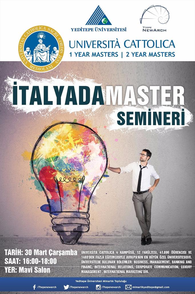 <a href="/7tepeNewArch/">Yeditepe Mimarlık ve İnşaat Mühendisliği Topluluğu</a> ve @YUMAC7 'in ortaklaşa düzenlediği, İtalya'da Master Semineri 30 Mart'ta Mavi Salon'da!