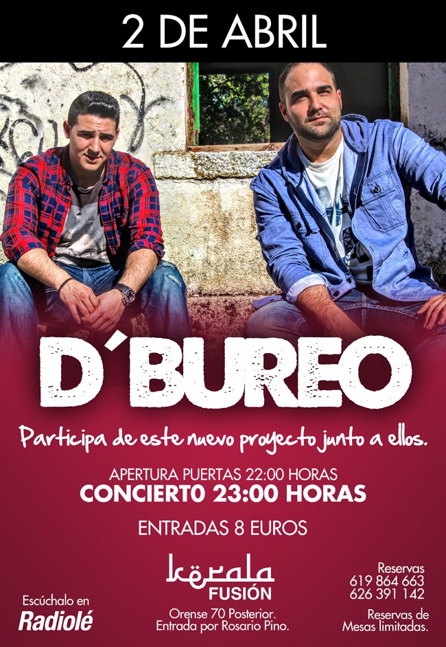 tengounahernia's tweet photo. Este sábado @grupodbureo en @keralafusion RESERVAS: 626391142 @Manu_DBureo  @Javi_dbureo  @DBureoClubDFans https://t.co/kwIBDeuAQV
