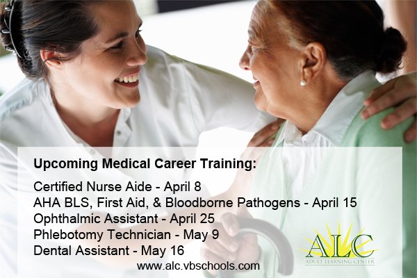 ALC_VB's tweet photo. Upcoming Medical Career Training:
#CNA #AHA #BLS #FirstAid #OphthalmicAssistant #PhlebotomyTech #DentalAsst https://t.co/k79cljZgiw