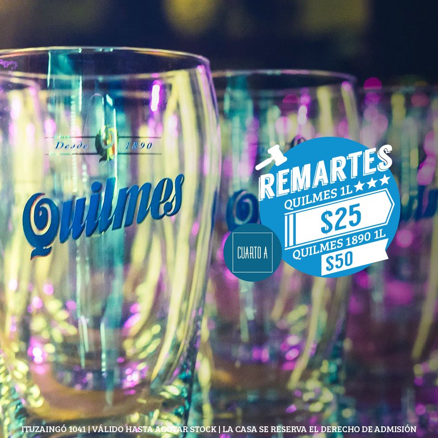 CuartoAbar's tweet photo. Hoy como siempre se escribe #Remartes
🍻 Una Quilmes a $25, porque sí. Porque en tu casa es así
Reservas 📲 3517035491 https://t.co/GiYBsTTVcT