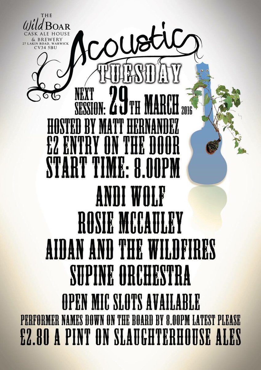 Tonight <a href="/WildBoarWarwick/">The Wild Boar</a>. Spread the love <a href="/RadioWarks/">Radio Warwickshire</a> <a href="/autumnrosewell/">Tamsin Rosewell</a> <a href="/FolkontheWater/">Folk on the Water</a> <a href="/huffy1/">Ian Hough</a> <a href="/kevster82/">Kev.sticks..stanley</a>