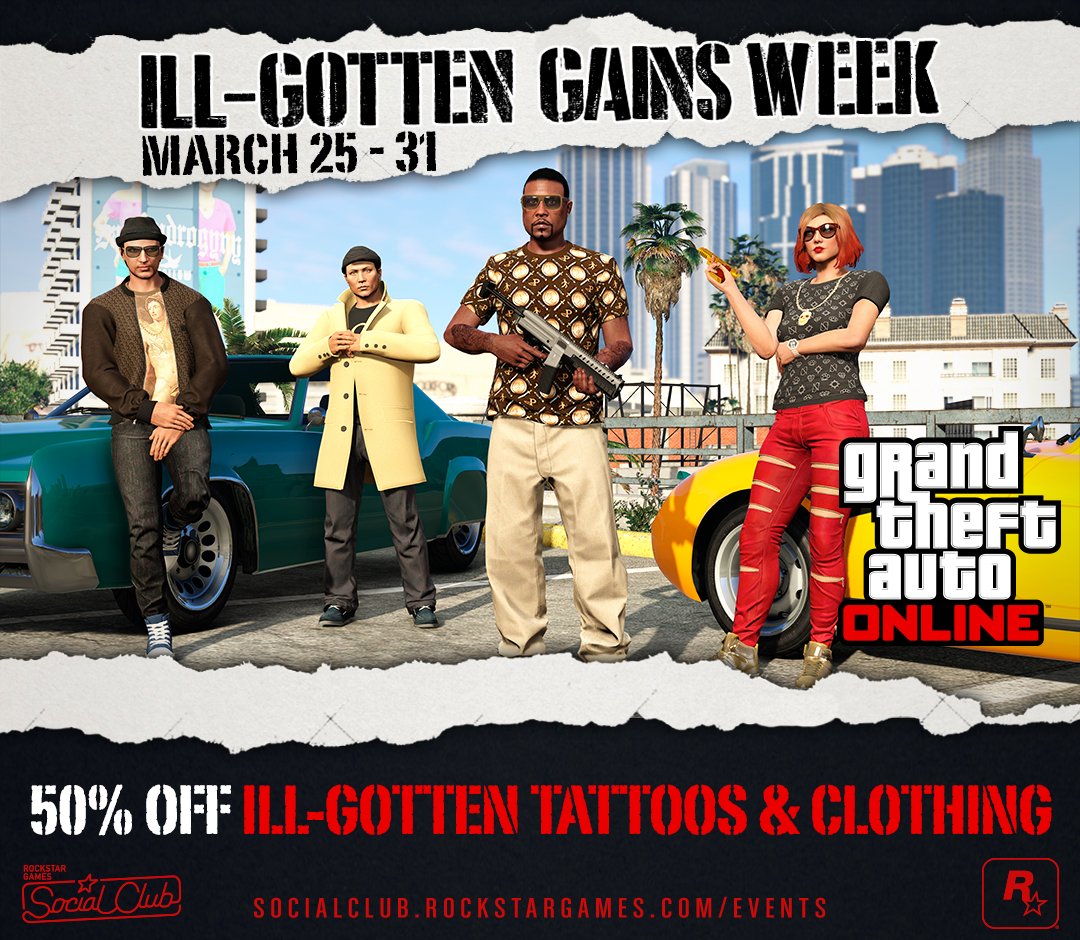 RockstarGames's tweet image. 50% off Ill-Gotten Tattoos &amp;amp; Clothing in #GTAOnline thru Thurs
Part of Ill-Gotten Gains Week
rsg.ms/a25658a