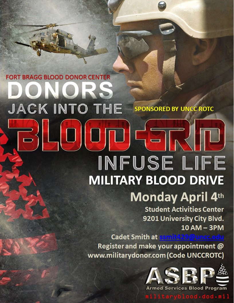 UNCCVeterans's tweet photo. AROTC sponsors ASBP blood drive at UNCC SAC on April 4th. Sign up at https://t.co/CtMfWGweWd (Code: UNCCROTC) https://t.co/V0ww02wiKW