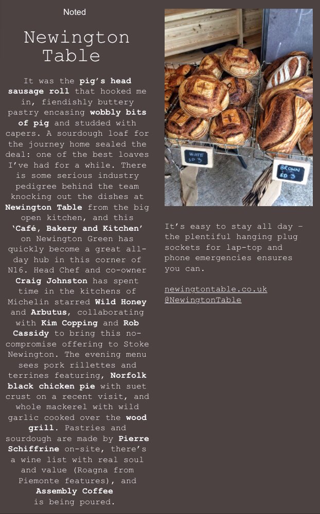 bittenwritten's tweet photo. Sourdough, wood grill, sausage rolls, pastries, decent wine, plug sockets — Good things happening @NewingtonTable https://t.co/UWt2g49ccV